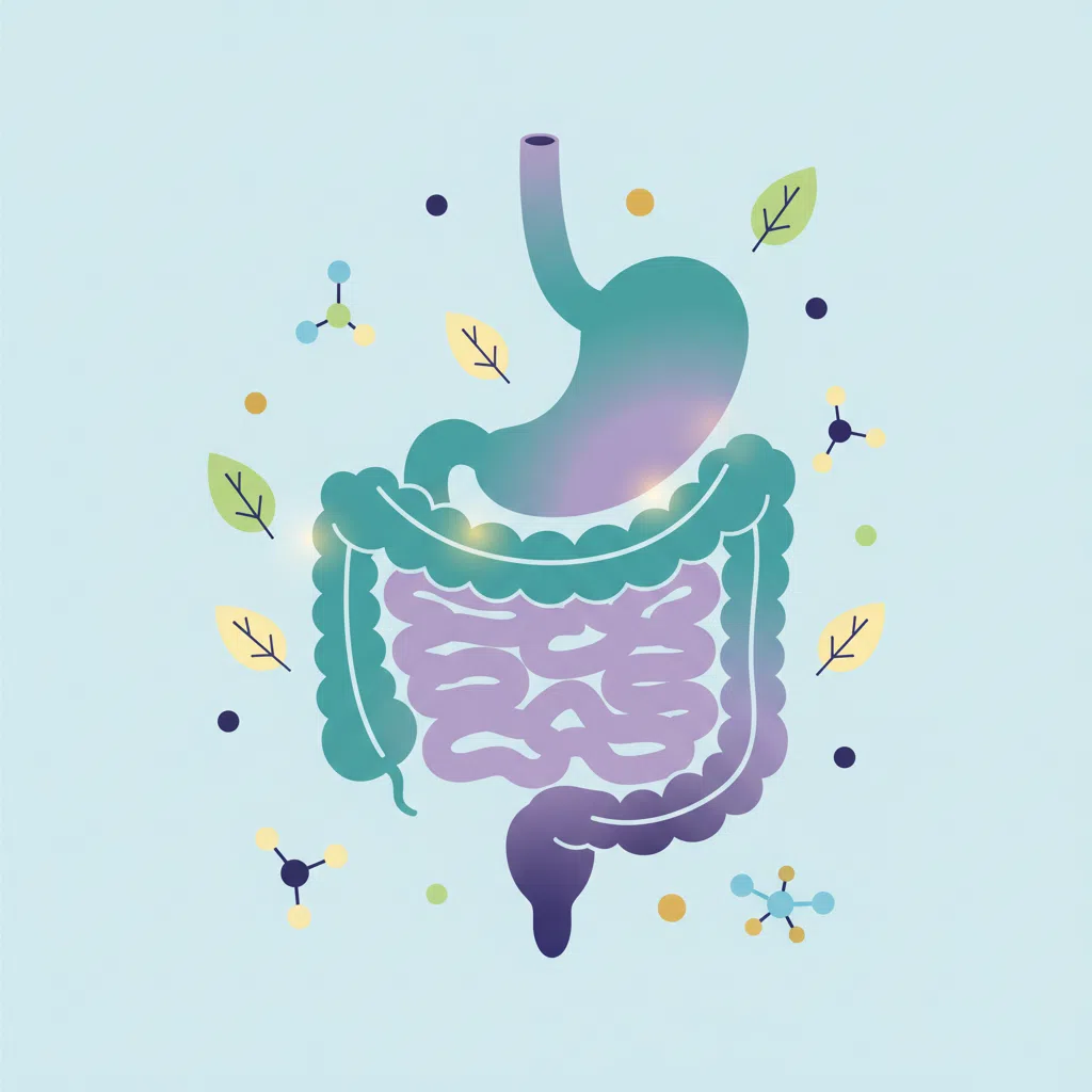 Friendly wellness illustration of botanical and digestive system icons in teal and violet