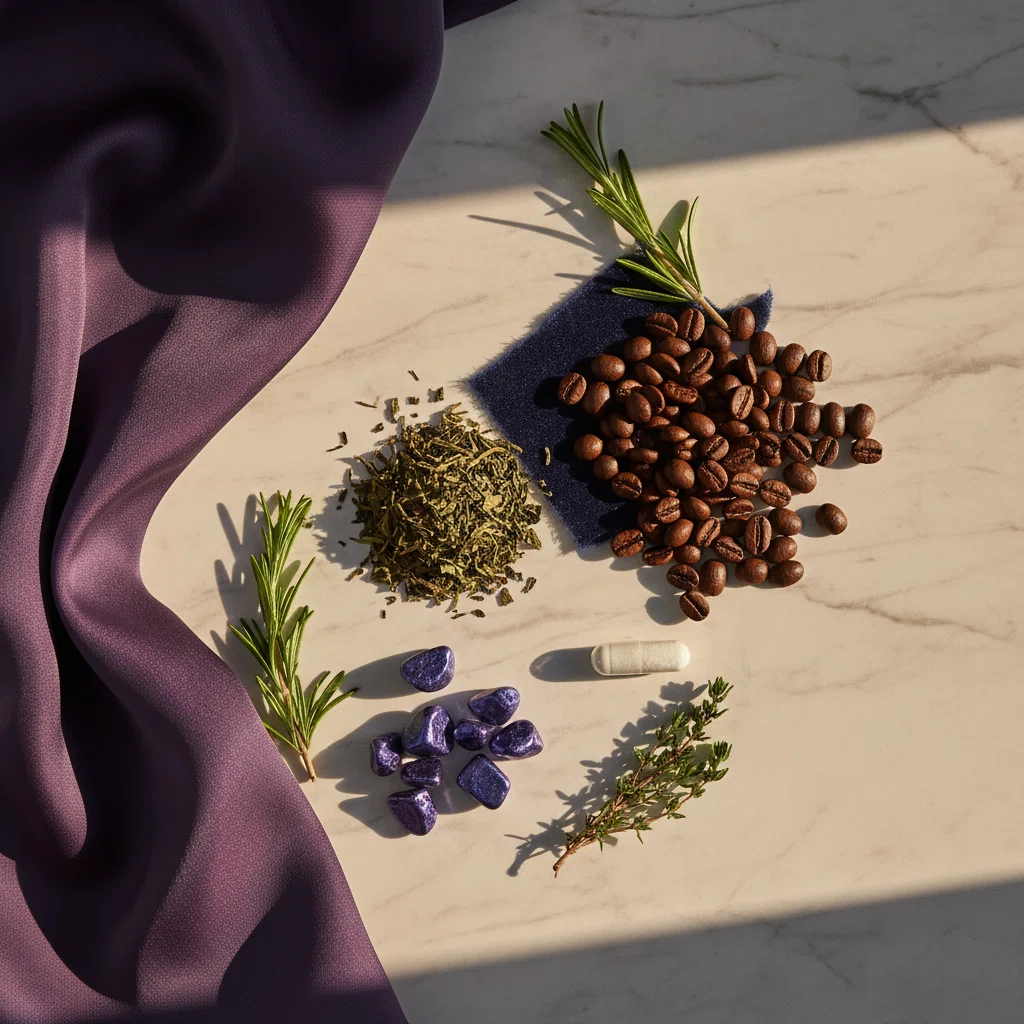 Flat lay of botanical ingredients: green tea leaves, coffee beans, herbs and chromium mineral stones on a marble surface