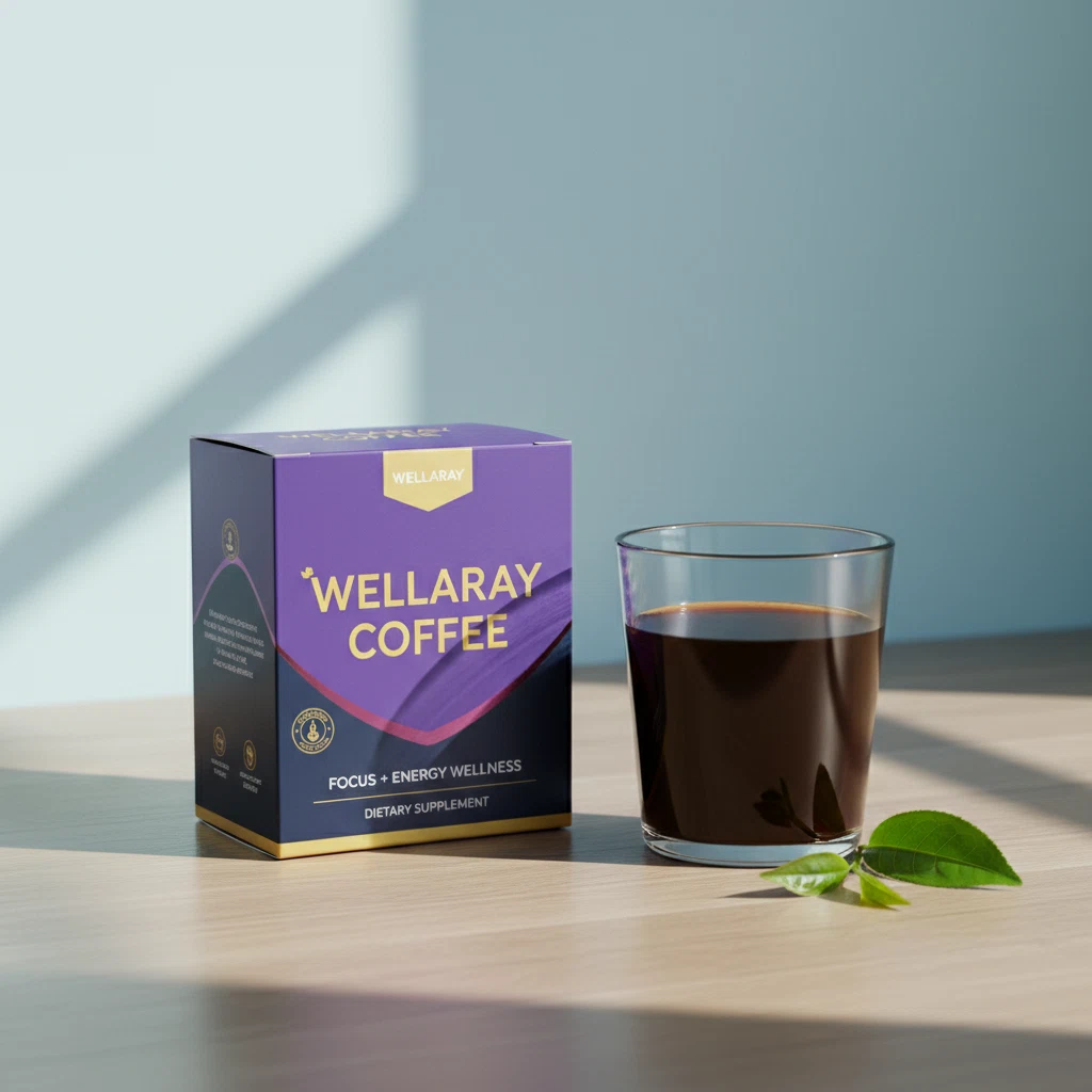 Wellaray Coffee box on a wooden surface next to a glass of coffee